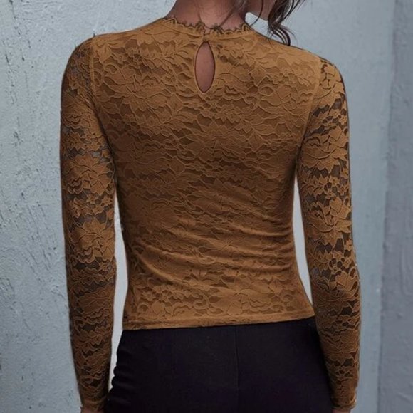 Brown Lace Long Sleeve Top in L - Picture 2 of 3